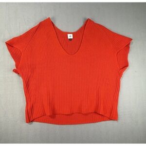 CAbi Ribbed Knit V Neck Top Womens Medium Orange Short Sleeve Sweater Style 5837